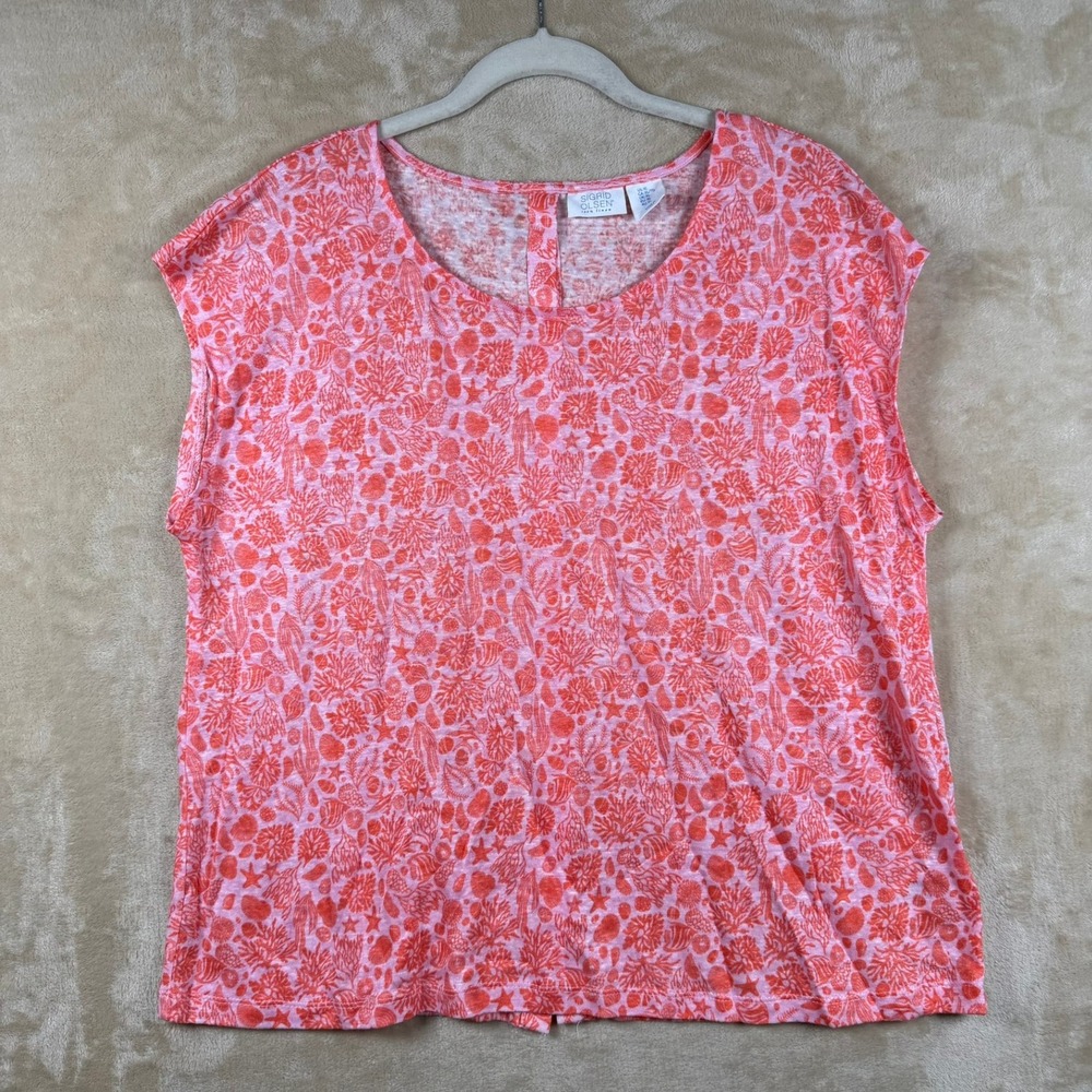 Sigrid Olsen Women XL Pink Coral Shell Print 100% Linen Button Back Tank Top
